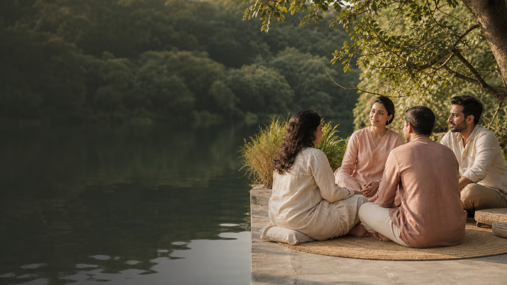 A small group sharing a calm conversation beside a lake
